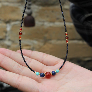 Boho Gemstone Beaded Necklace  Carnelian, Turquoise & Lapis Lazuli Beads, Black Seed Bead Necklace,  Handmade Healing Jewelry Gift