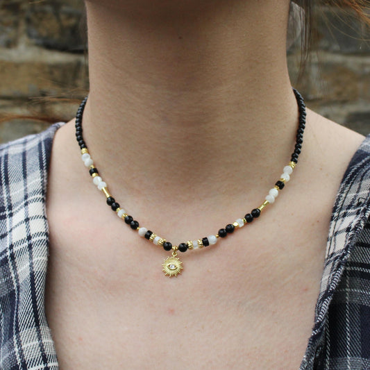 Black and White Gemstone Necklace | Sun Pendant Choker | Handmade Moonstone & Onyx Jewelry | Boho Gold Charm Necklace for Women