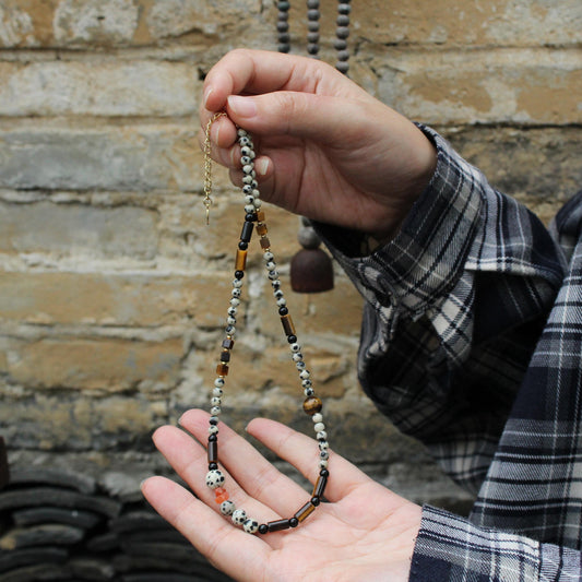 Dalmatian Jasper Tiger Eye Necklace | Raw Gemstone Bead Choker | Handmade Tribal Boho Natural Stone Necklace | Gift for Him or Her