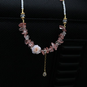 Rose Quartz Chip Necklace with Flower Pendant | Romantic Fairycore Jewelry | Handmade Boho Crystal Choker | Gift for Her | Sweet Style