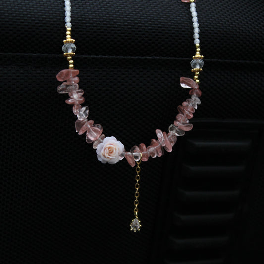 Rose Quartz Chip Necklace with Flower Pendant | Romantic Fairycore Jewelry | Handmade Boho Crystal Choker | Gift for Her | Sweet Style