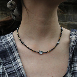 Black Beaded Necklace with Cat Shell Beads | Cute Sun Charm Choker | Handmade Kawaii Jewelry | Minimalist Gift for Cat Lovers