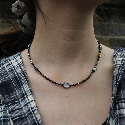Black Beaded Necklace with Cat Shell Beads | Cute Sun Charm Choker | Handmade Kawaii Jewelry | Minimalist Gift for Cat Lovers