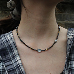 Black Beaded Necklace with Cat Shell Beads | Cute Sun Charm Choker | Handmade Kawaii Jewelry | Minimalist Gift for Cat Lovers