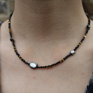 Black Beaded Necklace with Cat Shell Beads | Cute Sun Charm Choker | Handmade Kawaii Jewelry | Minimalist Gift for Cat Lovers