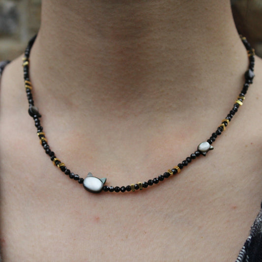 Black Beaded Necklace with Cat Shell Beads | Cute Sun Charm Choker | Handmade Kawaii Jewelry | Minimalist Gift for Cat Lovers