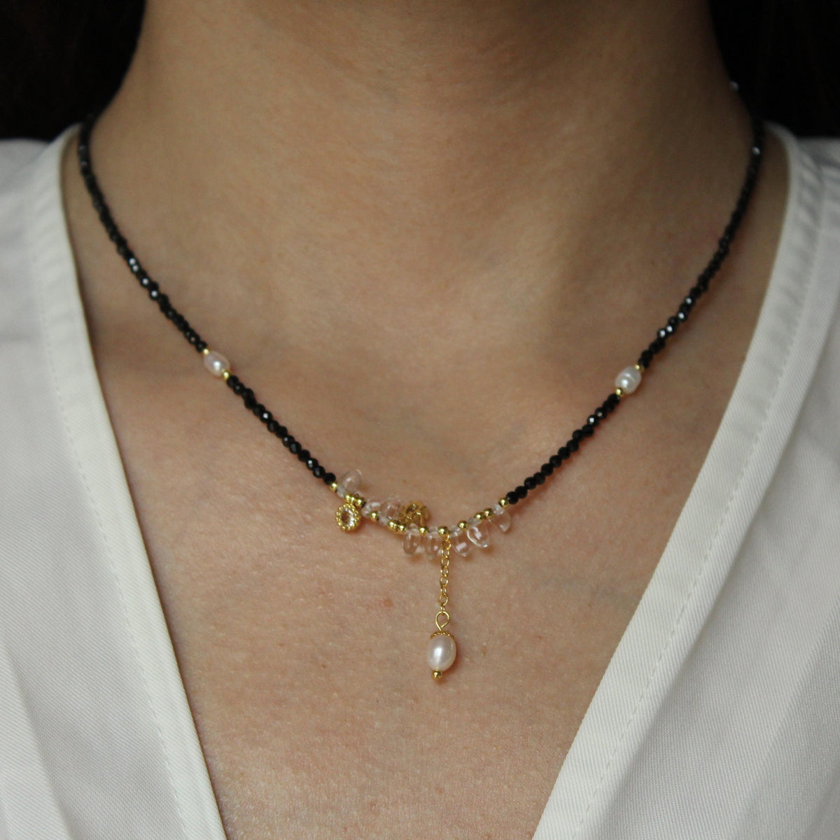 Black Beaded Necklace with Freshwater Pearl Pendant | Crystal and Gold Charm Choker | Handmade Dainty Necklace | Elegant Minimalist Jewelry
