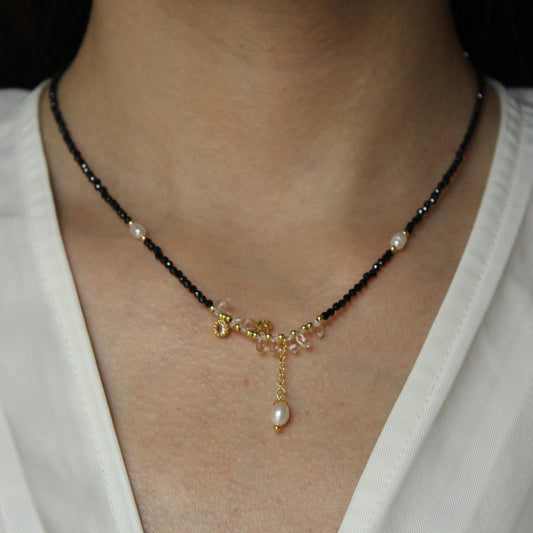 Black Beaded Necklace with Freshwater Pearl Pendant | Crystal and Gold Charm Choker | Handmade Dainty Necklace | Elegant Minimalist Jewelry