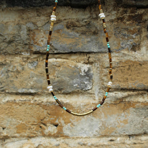 Tiger Eye, Pearl and Turquoise Beaded Necklace | Boho Minimalist Gemstone Choker | Handmade Natural Crystal Jewelry | Gift for Her