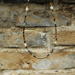 Tiger Eye, Pearl and Turquoise Beaded Necklace | Boho Minimalist Gemstone Choker | Handmade Natural Crystal Jewelry | Gift for Her