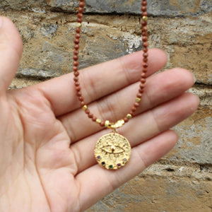 Goldstone Necklace with Evil Eye Pendant | Boho Healing Crystal Jewelry | Gold Beaded Choker | Handmade Protection Amulet for Her