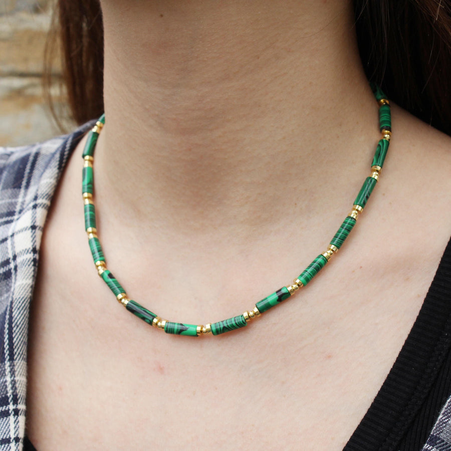 Malachite Beaded Necklace | Gold Tube Stone Choker | Natural Malachite Healing Jewelry | Vintage Green Crystal Necklace for Her