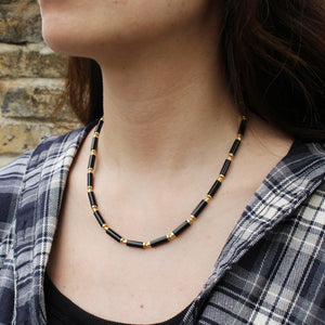 Black Agate Beaded Necklace | Minimalist Gold Bead Choker | Natural Stone Jewelry for Protection | Dainty Healing Crystal Necklace