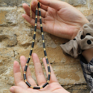 Black Agate Beaded Necklace | Minimalist Gold Bead Choker | Natural Stone Jewelry for Protection | Dainty Healing Crystal Necklace