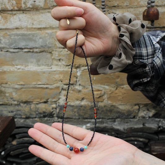 Boho Gemstone Beaded Necklace  Carnelian, Turquoise & Lapis Lazuli Beads, Black Seed Bead Necklace,  Handmade Healing Jewelry Gift