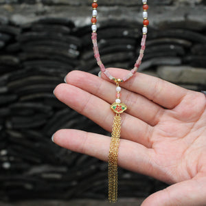 Red Jasper Necklace with Pearl & Carnelian | Handmade Boho Tassel Necklace | Vintage Floral Pendant | Healing Stone Jewelry for Women