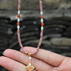 Red Jasper Necklace with Pearl & Carnelian | Handmade Boho Tassel Necklace | Vintage Floral Pendant | Healing Stone Jewelry for Women