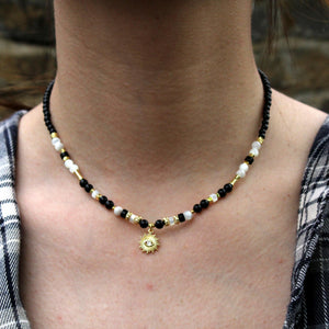Black and White Gemstone Necklace | Sun Pendant Choker | Handmade Moonstone & Onyx Jewelry | Boho Gold Charm Necklace for Women