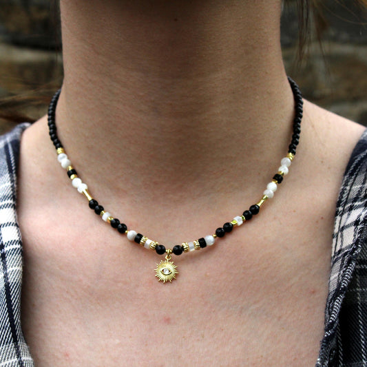 Black and White Gemstone Necklace | Sun Pendant Choker | Handmade Moonstone & Onyx Jewelry | Boho Gold Charm Necklace for Women