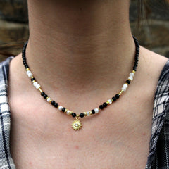 Black and White Gemstone Necklace | Sun Pendant Choker | Handmade Moonstone & Onyx Jewelry | Boho Gold Charm Necklace for Women
