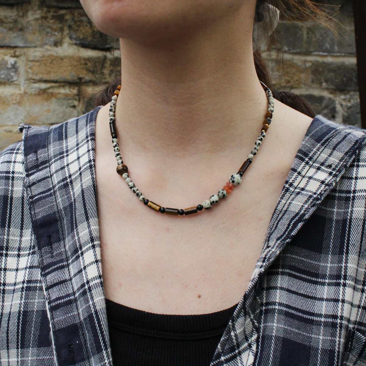 Dalmatian Jasper Tiger Eye Necklace | Raw Gemstone Bead Choker | Handmade Tribal Boho Natural Stone Necklace | Gift for Him or Her
