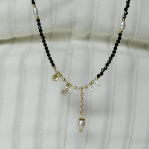 Black Beaded Necklace with Freshwater Pearl Pendant | Crystal and Gold Charm Choker | Handmade Dainty Necklace | Elegant Minimalist Jewelry