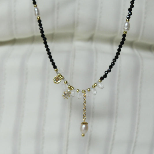 Black Beaded Necklace with Freshwater Pearl Pendant | Crystal and Gold Charm Choker | Handmade Dainty Necklace | Elegant Minimalist Jewelry