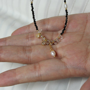 Black Beaded Necklace with Freshwater Pearl Pendant | Crystal and Gold Charm Choker | Handmade Dainty Necklace | Elegant Minimalist Jewelry
