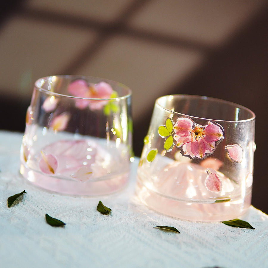 Stemless Wine Glass with Real Pink Flowers Inside