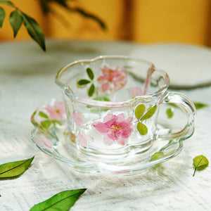 Pressed Flower Glass Coffee Cup & Saucer — Handcrafted Floral Tea Cup