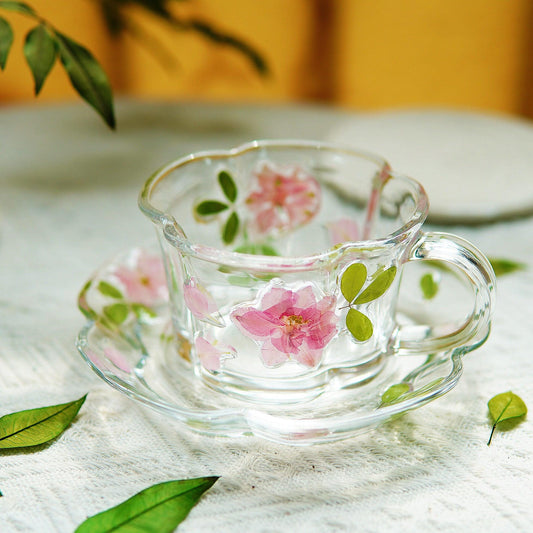 Pressed Flower Glass Coffee Cup & Saucer – Handcrafted Floral Tea Cup