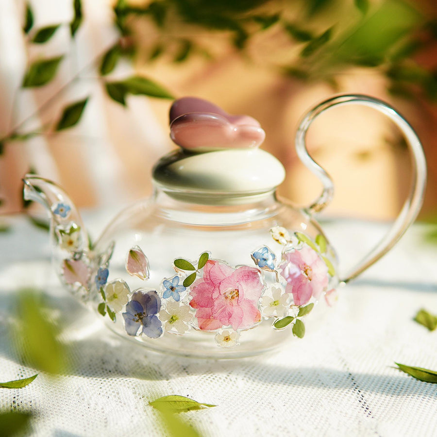 Handcrafted Pressed Flower Glass Teapot, Botanical Encased Teaware