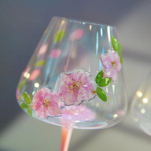 Handcrafted Pink Wine Glass with Real Preserved Flowers, Floral Relief Drinkware