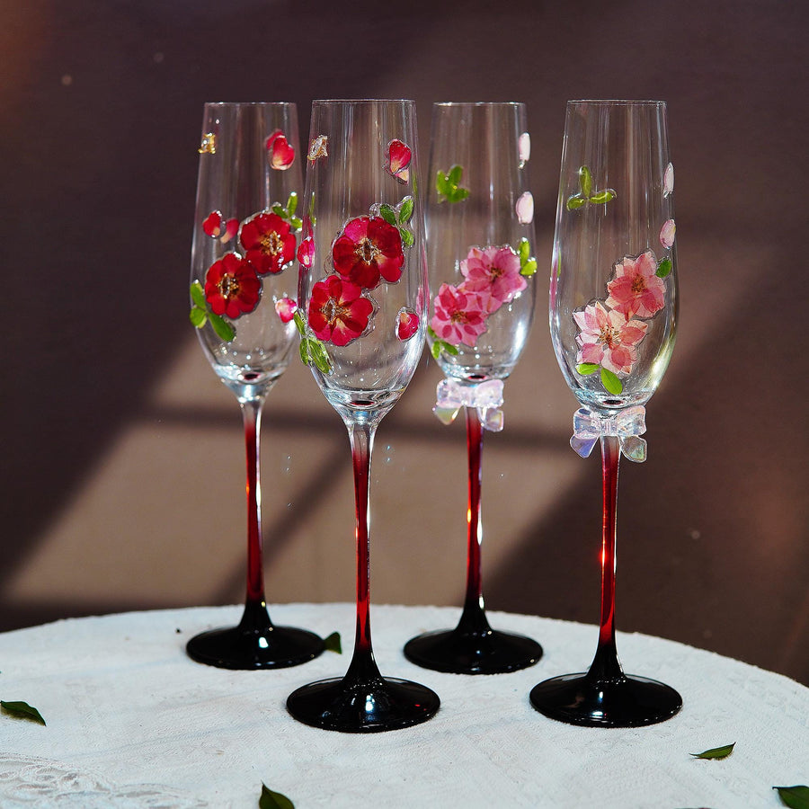 Handcrafted Real Flower Champagne Flute, Red Stem Wine Glass