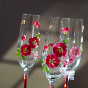 Handcrafted Real Flower Champagne Flute, Red Stem Wine Glass
