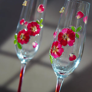 Handcrafted Real Flower Champagne Flute, Red Stem Wine Glass