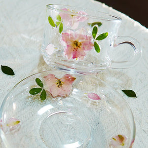 Handcrafted Real Flower Glass Coffee Cup & Saucer