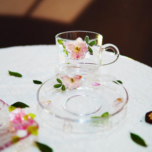 Handcrafted Real Flower Glass Coffee Cup & Saucer