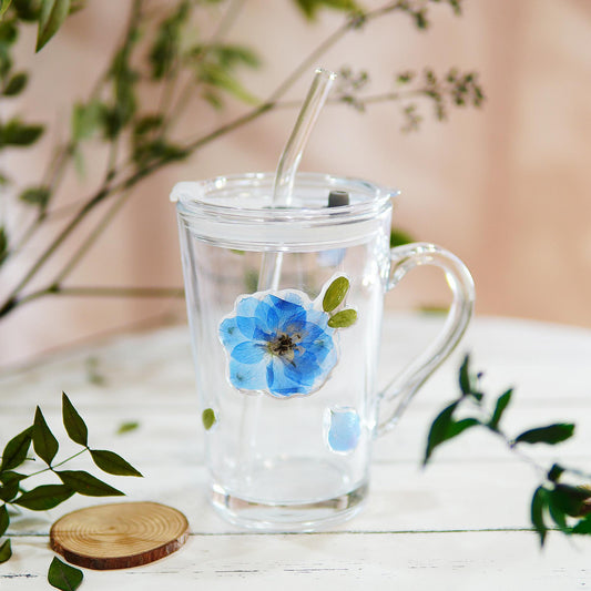 Handcrafted Glass Straw Cup with Real Pressed Flowers â€?Floral Reusable Tumbler (400ml)