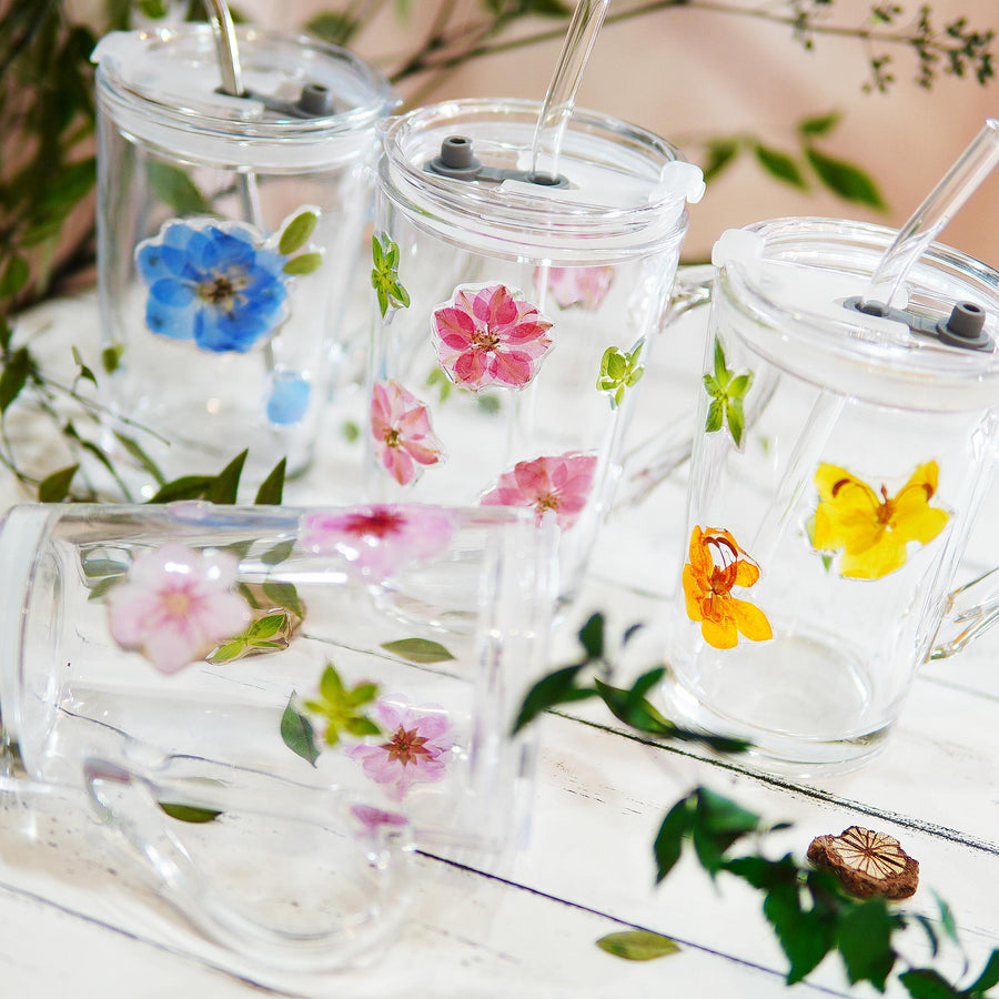 Handcrafted Glass Straw Cup with Real Pressed Flowers