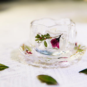 Handcrafted Glass Teacup Saucer Set — Real Preserved Roses