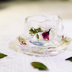 Handcrafted Glass Teacup Saucer Set â€?Real Preserved Roses, Eco Resin Floral Design