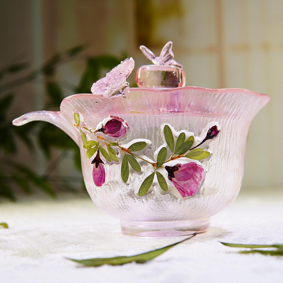 Handcrafted Gradient Pink Butterfly Glass Cup with Lid