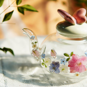 Handcrafted Pressed Flower Glass Teapot, Botanical Encased Teaware