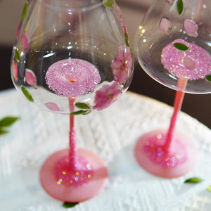 Handcrafted Pink Wine Glass with Real Preserved Flowers, Floral Relief Drinkware