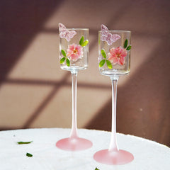 Handmade Floral Champagne Flute | Eco Resin Real Preserved Flowers & Pink Butterfly Stemmed Glass