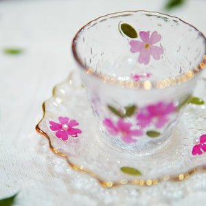 Handcrafted Floral Resin Tea Cup Saucer Set — Gold Rim Glass Gaiwan