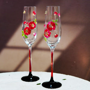 Handcrafted Real Flower Champagne Flute, Red Stem Wine Glass