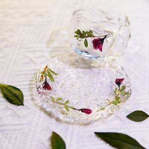 Handcrafted Glass Teacup Saucer Set — Real Preserved Roses