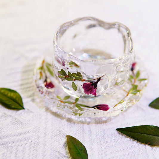 Handcrafted Glass Teacup Saucer Set â€?Real Preserved Roses, Eco Resin Floral Design